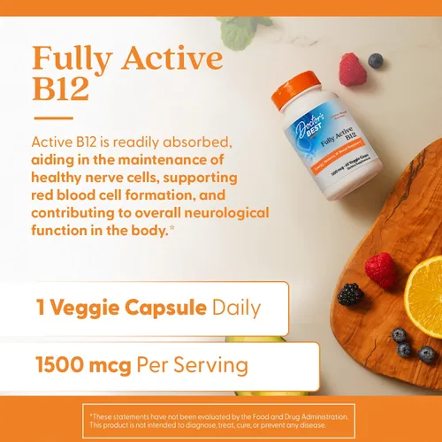 Vista 6 de Doctor's Best B12 Totalmente Activo 1500 mcg, Sin OGM, Vegano, Sin Gluten, Apoya la Memoria Saludable, el Estado de Ánimo y la Circulación, 60