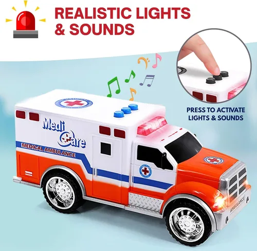 Vista 2 de Juego de vehículos de emergencia de juguete para niños con luces y sonidos (camión de bomberos, automóvil de policía y ambulancia) 3 en 1