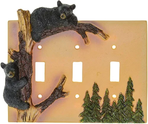 Vista 5 de Black Bear - Cubierta de triple interruptor para decoración del hogar, árbol de escalada de oso de vida silvestre, caza rústica con tornillos