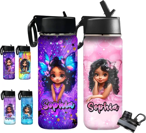 Vista 32 de InterestPrint Botella de agua personalizada para niños de 18 onzas con tapa de pajilla, botella de agua aislada de doble pared de acero inoxidable