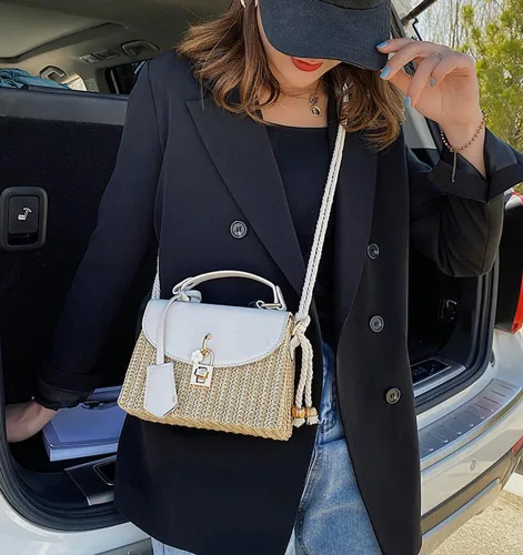 Vista 5 de Bolso cuadrado de paja para mujer, bolsos de playa de ratán para mujer, bolso cruzado de paja de verano, bolso de mano, bolso de hombro 2024