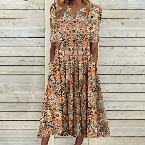 Vista 2 de Vestidos para mujer 2022, casual, de verano, casual, para mujer, con botones, manga corta, estampado floral, vestido de fiesta, vestido midi fluido