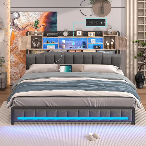 Vista 12 de CSZZD Base de cama Queen con 4 cajones de almacenamiento y cabecera de estantería, marco de cama LED tapizado Queen con estación de carga tipo C