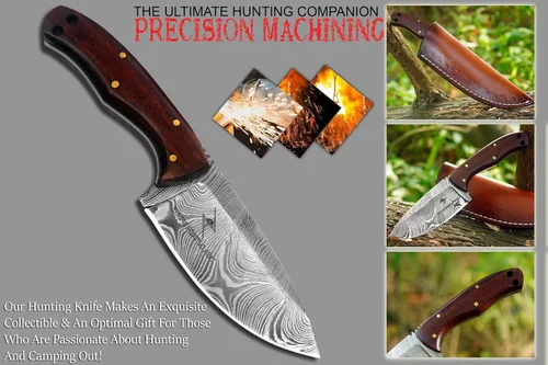 Vista 4 de Cuchillo de Acero de Damasco con Funda de Cuero – Cuchillo de Hoja Fija de Espiga Completa de 7.5" con Mango de Madera de Palisandro de 4