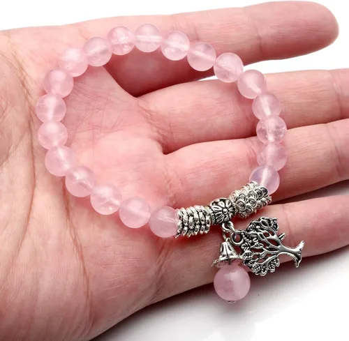 Vista 5 de Top Plaza Pulsera elástica de cuarzo rosa con diseño de árbol de la vida piedra de la suerte reiki piedras preciosas de cristal curativo colgante