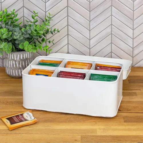 Vista 4 de AuldHome Farmhouse - Caja de té (blanca), estilo retro vintage esmaltado, lata de almacenamiento de té