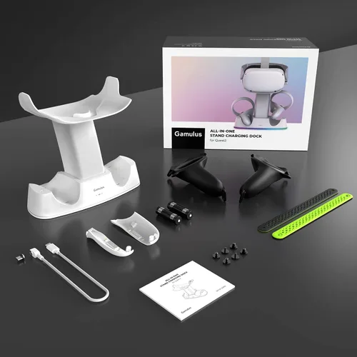 Vista 9 de Gamulus Base de carga RGB para Meta Quest 2, controlador de soporte con agarres, auriculares y controladores, soporte de estación de carga magnética