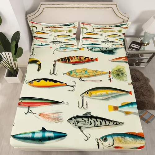Vista 48 de Erosebridal Fishing Fitted Sheet Twin for Boys, Big Pike Fish Black Bed Sheets for Rustic Farmhouse Lake House Decor, Fishing Bedding Set Marine