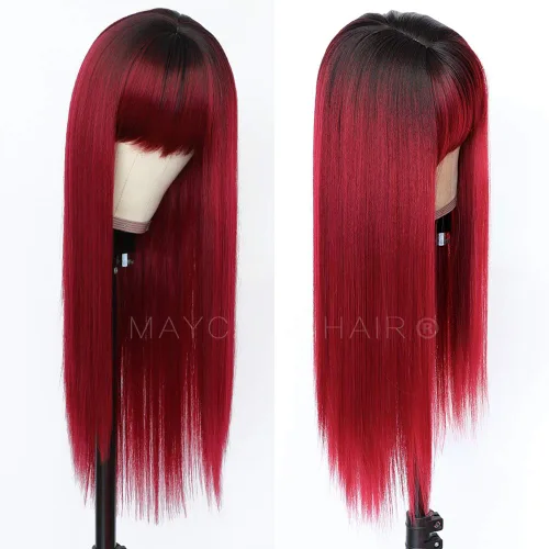 Vista 16 de Maycaur Pelucas de cabello sintético de color rubio con flequillo completo #613, color largo y liso, resistente al calor, pelucas sin encaje