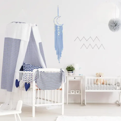 Vista 4 de Atrapasueños de luna de macramé para niña, atrapasueños de media luna azul estilo bohemio para dormitorio de adultos, adorno hecho a mano