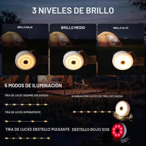 Vista 3 de Guirnalda de luces solares para campamento, 39.4 pies, portátil, impermeable, con 8 modos de iluminación, funciona con energía solar y recargable