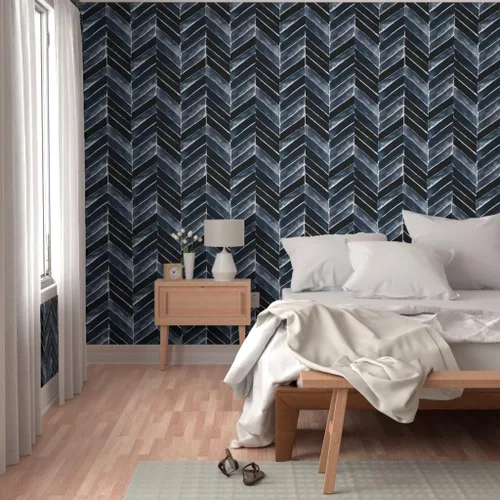 Vista 5 de Spoonflower Papel pintado de grado comercial Swatch - Papel pintado Chevron Indigo Blue Herringbone Papel pintado tradicional Sample 12" x 24