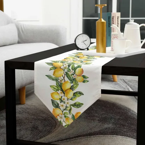 Vista 5 de Caminos de mesa triangulares de algodón y lino pequeños de 36 pulgadas, limones de verano, remolinos florales blancos, bufandas de tocador