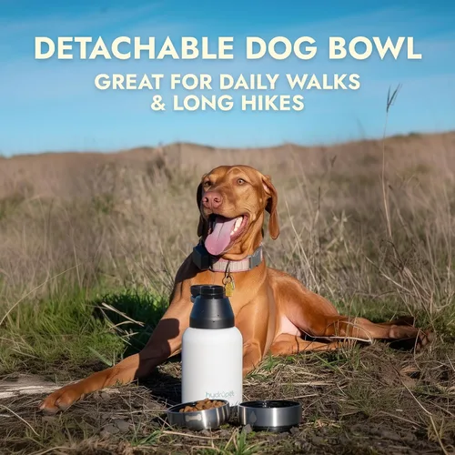 Vista 4 de Hydropet Botella de agua portátil para perros (32 onzas), botellas aisladas de viaje para perros y gatos, acero inoxidable, cuenco de comida