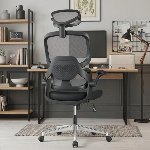 Vista 2 de HYLONE Silla de oficina ergonómica con asiento y respaldo de malla completa, silla de escritorio de malla con respaldo alto con base de aluminio