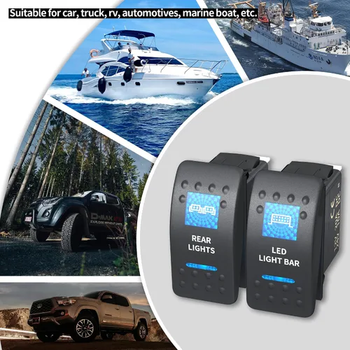 Vista 6 de DaierTek Interruptor basculante de barra de luz LED y luces traseras, interruptor basculante azul 12V/24V 20A/10A 5 pines marino con cables