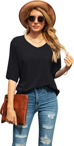 Vista 2 de SUEANI - Camiseta de cuello en V para mujer, diseño holgado con manga 34 acampanada
