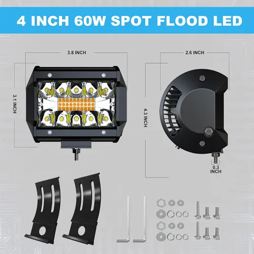 Vista 3 de ASLONG 4 unidades de 4 pulgadas blanco/ámbar amarillo LED Pods luz triple fila Spot Flood Combo LED Bar Offroad conducción niebla lámpara 60 W, 1