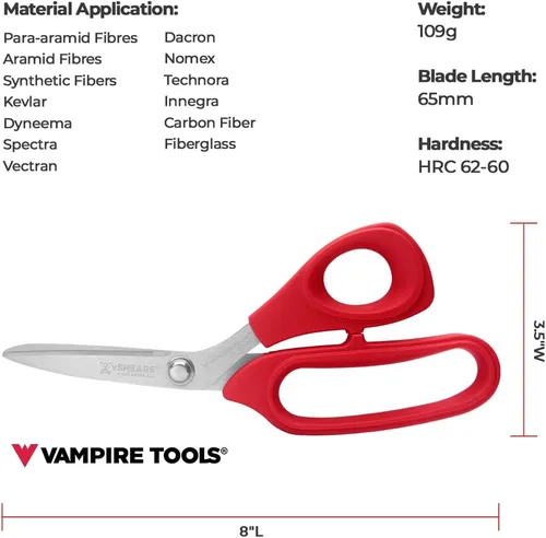 Vista 3 de VAMPLIERS Tijeras de Kevlar de fibra óptica de 8 pulgadas, tijeras de acero al carbono de grado industrial - Cortes Kevlar, Dyneema, Spectra