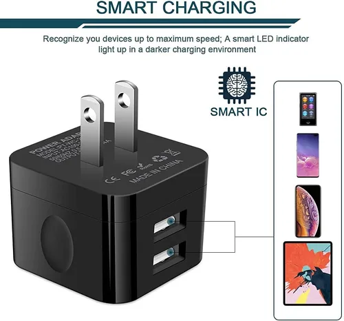 Vista 3 de 2 paquetes de cargadores de pared USB, bloque de carga rápida de 2.4A de doble puerto cuadrado plano, adaptador de corriente AC, estación de carga