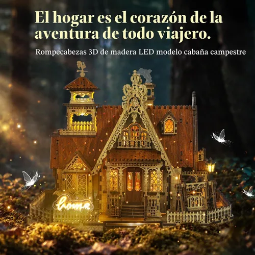 Vista 2 de FUNPOLA Rompecabezas de madera 3D modelo de casa de campo – Kit de construcción en miniatura con luces LED de chispa – Arquitectura rural