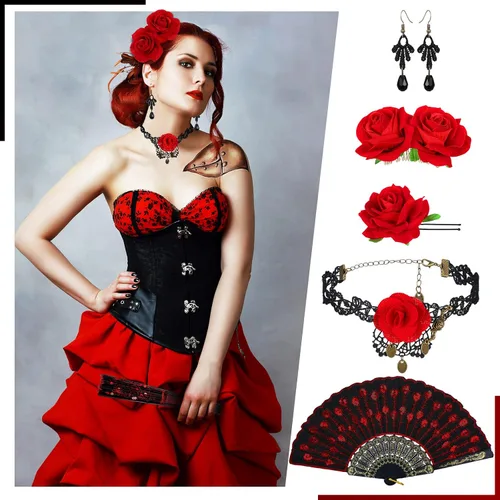 Vista 2 de 5 accesorios de flamenco de flores de rosas de Halloween que incluyen ventilador plegable de tela de lentejuelas bordadas pinza de cabello de flores
