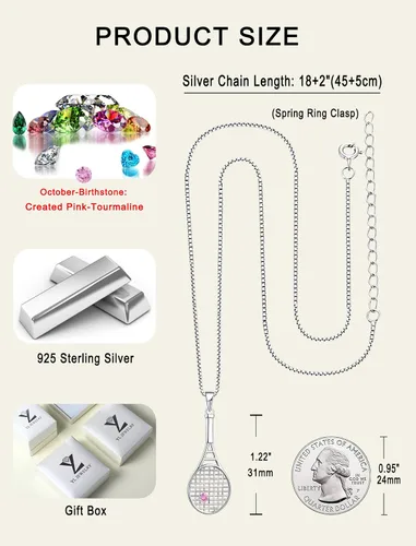 Vista 6 de YL Collar con colgante de raqueta de tenis de plata de ley 925 con piedras preciosas de amor, joyería deportiva para mujeres y hombres