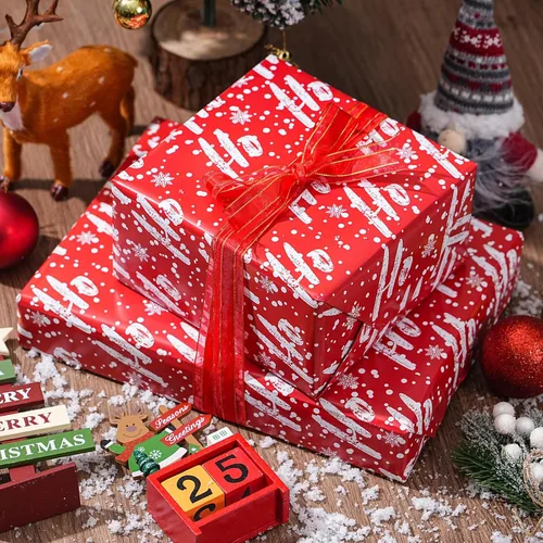 Vista 6 de ZINTBIAL Papel de regalo de Navidad para niños y adultos, papel de regalo de Navidad con cuadros rojos/negros, renos, gnomos, palabras "Ho Ho", 28 x