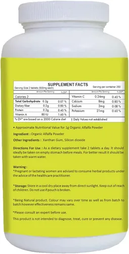 Vista 2 de HERBAL HILLS Tabletas de alfalfa 500 unidades Fuente de vitamina A Superalimentos verdes naturales