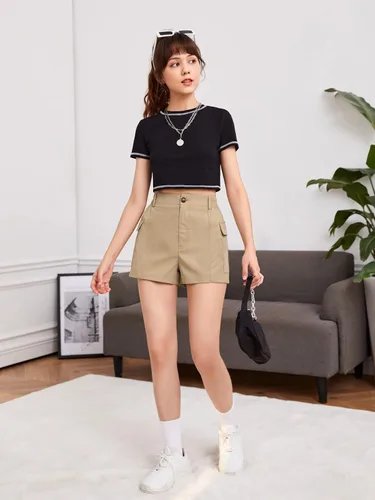 Vista 3 de Milumia Pantalones cortos de carga con bolsillo con solapa y botones de cintura alta para niña