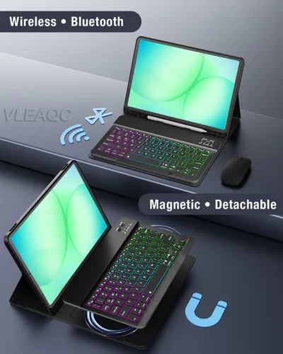Vista 4 de Funda de teclado con mouse para Samsung Galaxy Tab A8 de 10.5 pulgadas 2022 (SM-X200/X205/X207), teclado ligero desmontable retroiluminado, funda