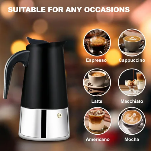 Vista 6 de Estufa de 2 tazas de acero inoxidable, cafetera italiana, capacidad para café moca, cocina clásica de inducción para el hogar y campamento, 3.3
