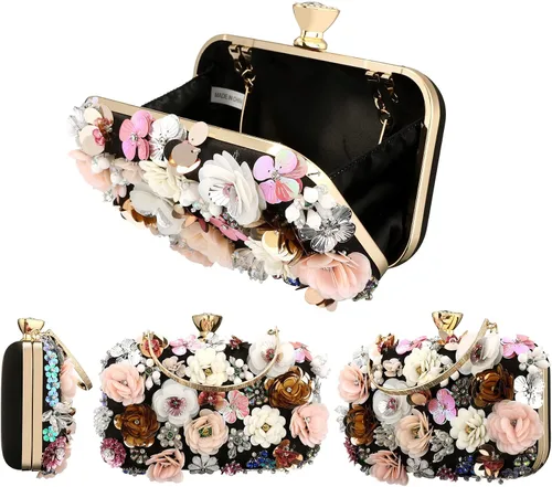 Vista 4 de Rkrouco Bolso de mano floral para mujer, bolso de mano de flores coloridas con diamantes de imitación de metal
