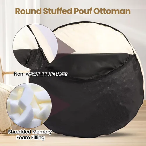 Vista 3 de Puf redondo otomano con relleno de trozos de espuma, otomanas de pana para sala de estar (20 x 15 pulgadas, beige)
