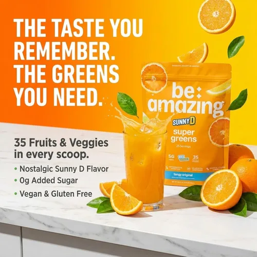 Vista 2 de BE AMAZING Super Greens Polvo con prebióticos, enzimas digestivas y antioxidantes, 35 frutas y verduras, electrolitos y fibra, vegano, mezcla
