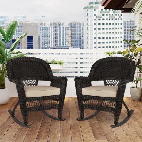 Vista 5 de Jeco Silla Rocker de mimbre con cojín bronceado, juego de 2, color espresso