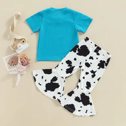 Vista 38 de fhutpw Conjunto de camiseta de manga corta con estampado de vaca y pantalones acampanados de dibujos animados para niñas