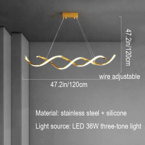 Vista 5 de Moderna iluminación colgante dorada en espiral, lámpara LED para colgar en el techo, compatible con mesa de comedor sobre el fregadero, cocina