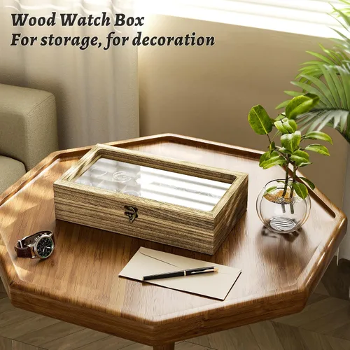 Vista 6 de SRIWATANA Caja de reloj, organizador de caja de reloj para hombres y mujeres, regalo del día del padre, 12 ranuras para reloj con tapa de cristal