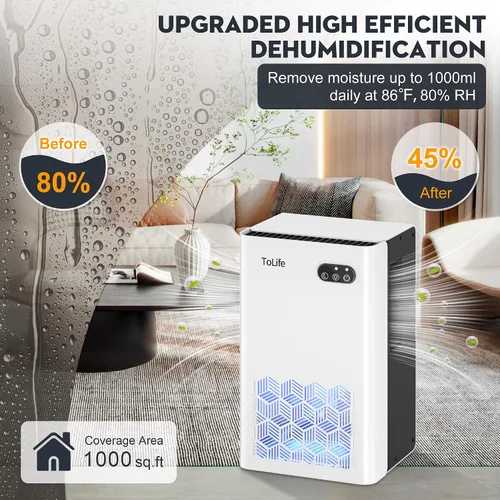 Vista 2 de ToLife Deshumidificador para el dormitorio del hogar, 1000 pies cuadrados Portátil para el hogar, dormitorio, baño y sótano con luz LED de 7 Blanco