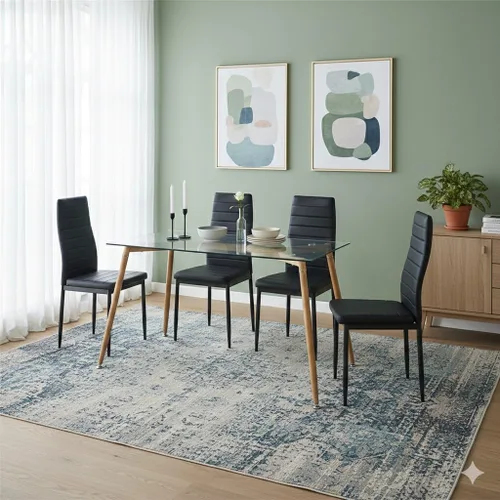Vista 22 de Juego de sillas de comedor de 6 piezas, cuero sintético negro moderno, respaldo alto tapizado, marco de acero, cocina cómoda, muebles de comedor