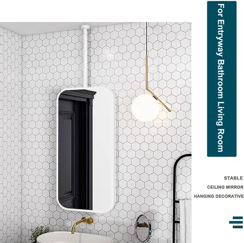 Vista 5 de Espejo de techo blanco con barra para colgar en el techo, espejos de baño para tocador, moderno espejo de pared rectangular de esquina redonda