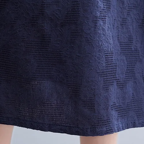 Vista 6 de QIGUANDZ Vestido de lino de algodón casual de jacquard floral para mujer, vestido elegante con bordado de manga corta con cordones y cintura definida