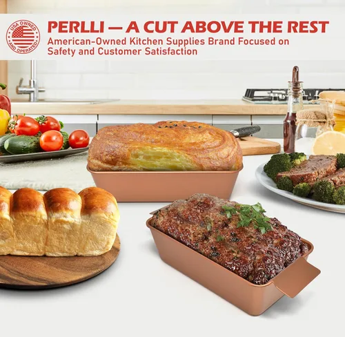 Vista 8 de PERLLI Molde para pan de carne con bandeja de goteo, 2 unidades, 9.8 x 5.7 pulgadas, sartén antiadherente de cobre para pastel de carne con bandeja