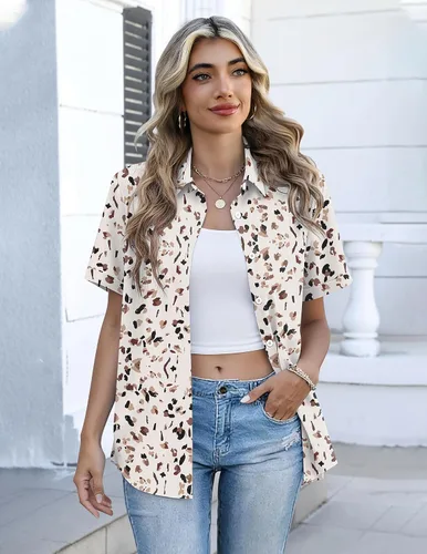 Vista 3 de Zeagoo Camisas con botones para mujer, de manga corta, cuello en V, elegantes y casuales