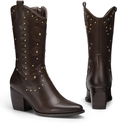 Vista 3 de DREAM PAIRS Botas vaqueras occidentales para mujer, botas vaqueras de media pantorrilla sin cierre