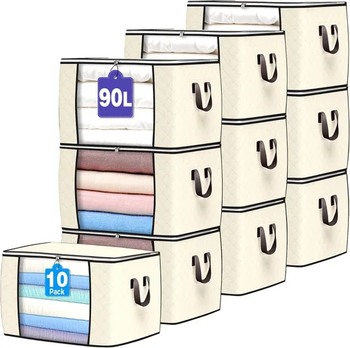 Vista 22 de Bolsas de almacenamiento grandes de 90 L, paquete de 4 contenedores de almacenamiento de ropa plegables, organizadores de armario, contenedores