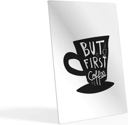 Vista 2 de HB Art Design Taza con texto en inglés "But First Coffee" (But First Coffee Quote - Taza en blanco y negro) con impresión de metal, arte de pared