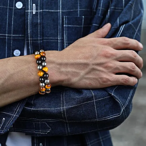 Vista 13 de MIDON - Pulsera de ojo de tigre, pulsera de triple protección para hombres y mujeres, hecha a mano, cuentas de ojo de tigre, hematita y obsidiana