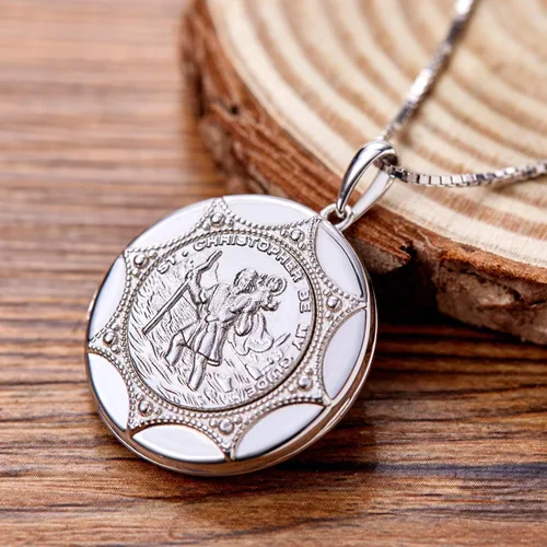 Vista 3 de YL Collar de San Cristóbal de plata de ley 925 grabado personalizado medallón protector religioso antiguo colgante de talismán medallaencajadoocket
